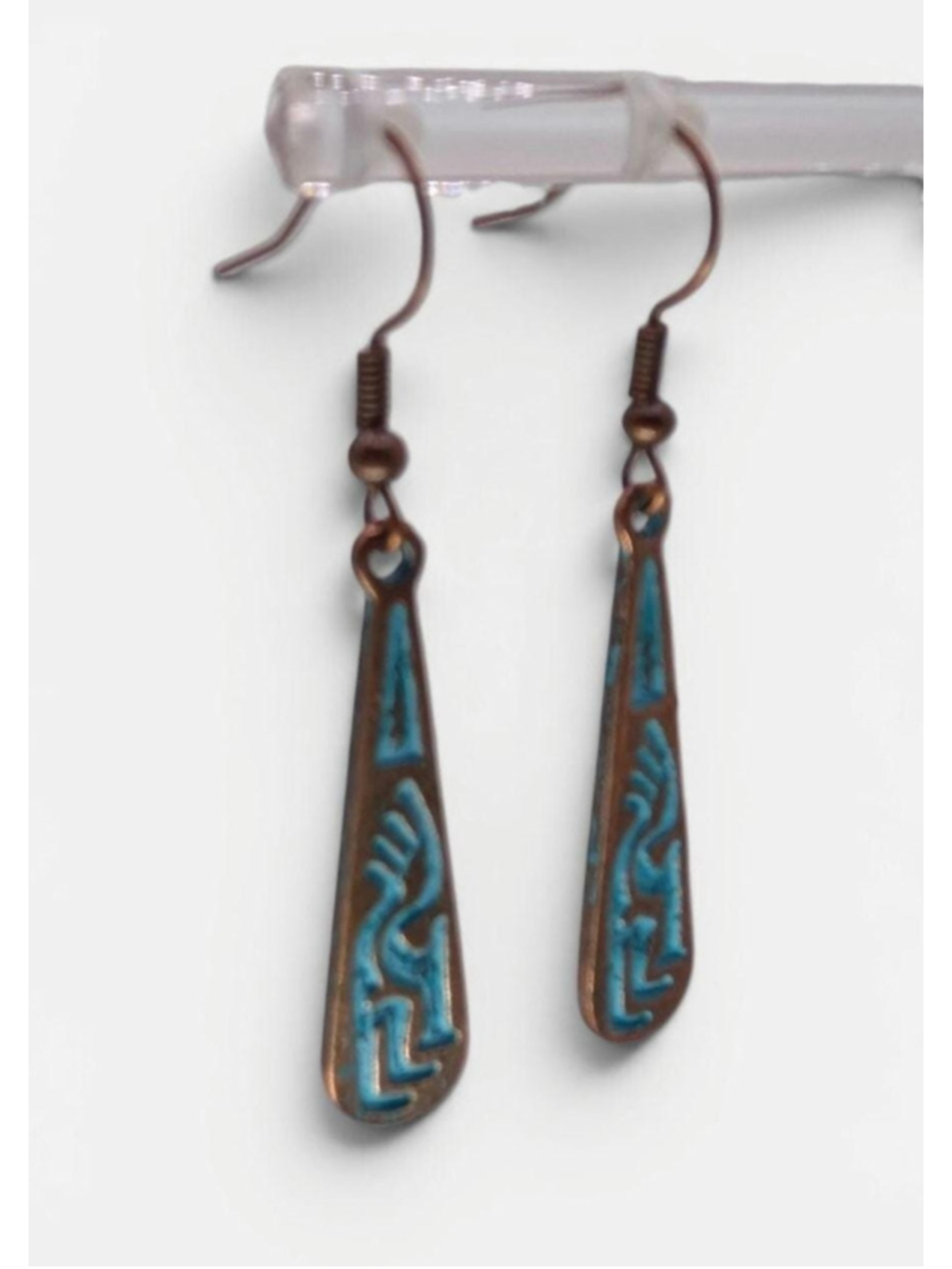 Kokopelli Dangle Earrings, Antique Style Copper Patina Tone Southwestern - Picture 7 of 10